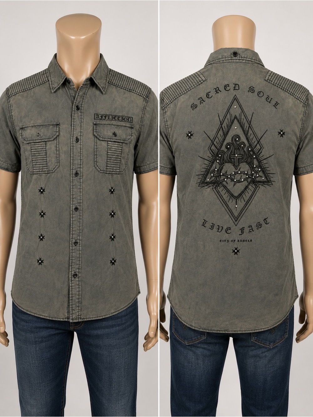 Affliction Sacred Soul Live Fast Button Up Shirt Gray Men’s